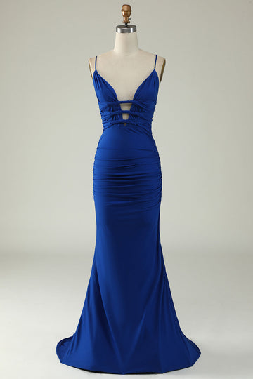 Mermaid Spaghetti stropper Royal Blue Plus Size Prom kjole med Criss Cross Back